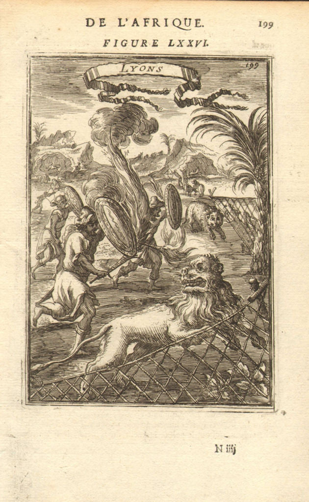 LIONS. Catching Lions net using fire shields. Africa. 'Lyons. MALLET 1683